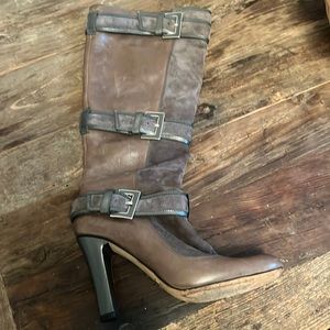 Cole Haan high heel leather boot with buckles in grey